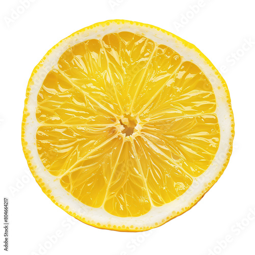 Top view of textured ripe slice of lemon citrus fruit isolated on transparent background. Lemon slice with clipping path