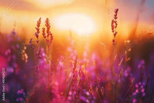 A field of grass under the setting sun  vibrant hues illuminating the landscape