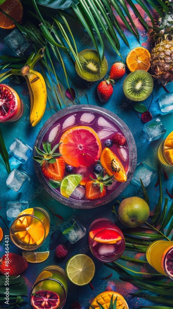 Table With Fruit and Drinks on Blue Surface