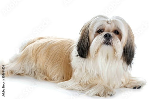 Portrait of Young Pedigreed Lhasa Apso. White Furry Long-Haired Dog Breed, Perfect Pet Companion © Serhii