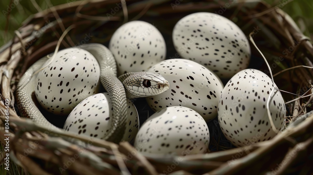 an exotic snake elegantly coiled around white eggs, accentuating its striking pattern while showcasing the intricate texture of each egg in vivid detail. an exotic snake elegantly coiled around white eggs, accentuating its striking pattern while showcasing the intricate texture of each egg in vivid detail.