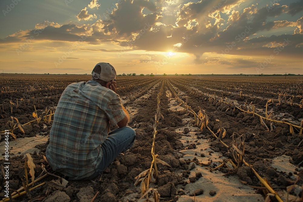 A poignant photograph shows a farmer in tears amidst his barren wheat field, with cracked, dry earth extending into the distance.