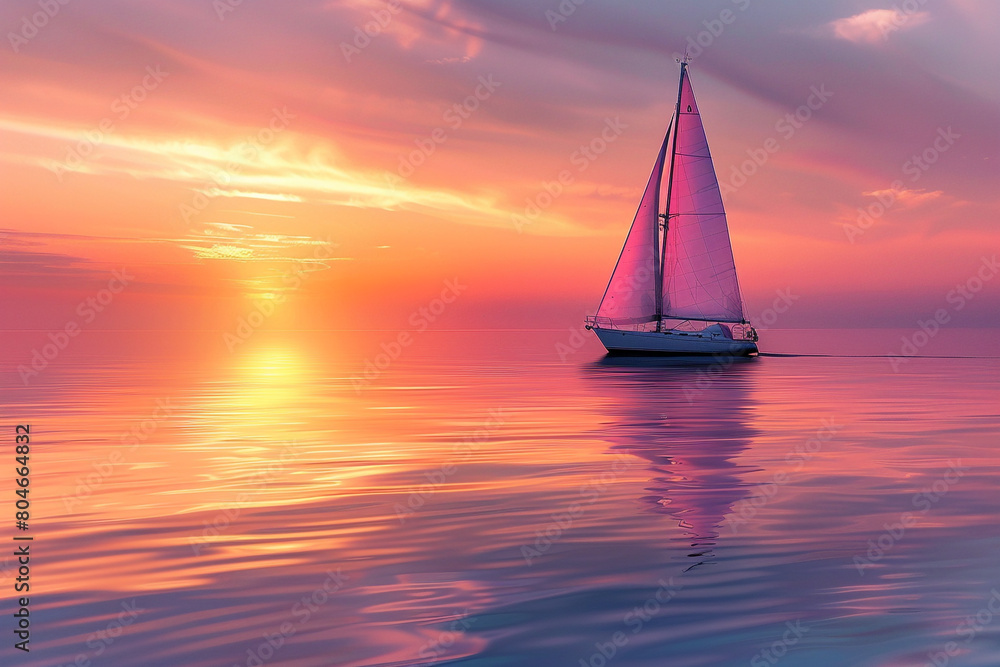 A lone sailboat gliding across serene waters under a pastel sunset, isolated on solid white background.