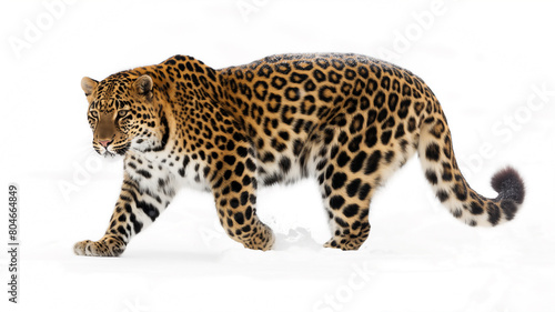 Leopard walking through snow  showcasing its stunning spotted coat and muscular build against a white background.