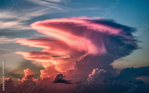 Blue-pink storm clouds in the rays of the sun.