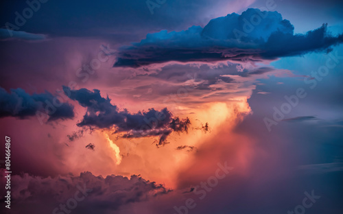 Blue-pink storm clouds in the rays of the sun.