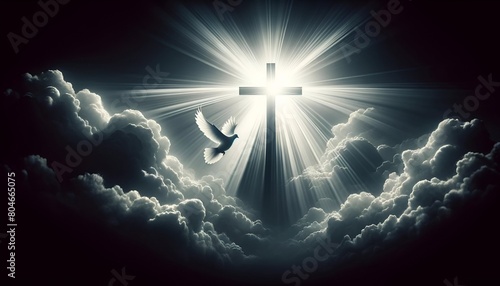 Realistic illustration for whit monday with a big glowing cross in the clouds and a white dove in flight. photo