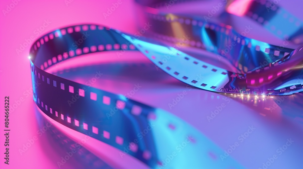 A film reel glows with neon lights on a reflective surface