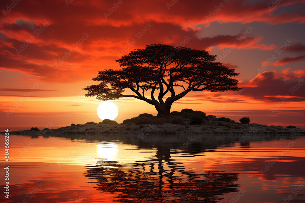 A lone tree silhouetted against the fiery hues of the setting sun, isolated on solid white background. A lone tree silhouetted against the fiery hues of the setting sun, isolated on solid white background.