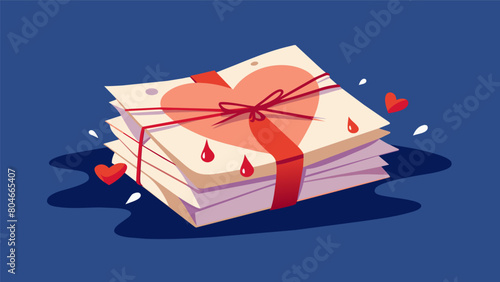 A stack of love letters bundled together with a ribbon stained with tears and inked with heartfelt expressions.. Vector illustration