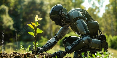 capturing the a grace of a slender matt black and grey mannequin style android man, demonstrating his nurturing side as he plants a sapling amidst a picturesque landscape on a sunny day