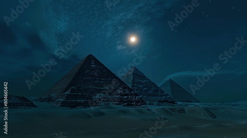 the Egyptian pyramids under a starry night sky, illuminated by the radiant glow of a full moon, with intricate details visible on their smooth surfaces in high-resolution, realistic landscape.