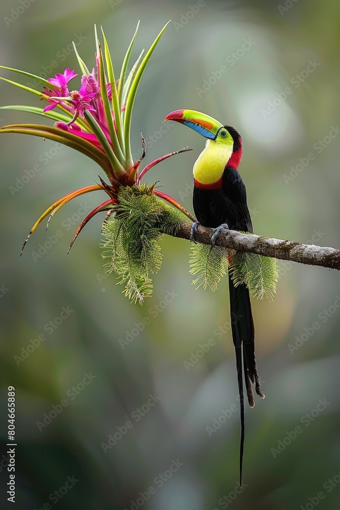 Fototapeta premium Keel-billed Toucan Perching on a Bromelia Plant in Wildlife Habitat