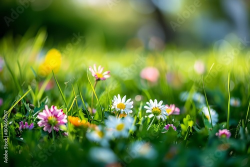 Vibrant flowers scattered over green grass on a sunny day