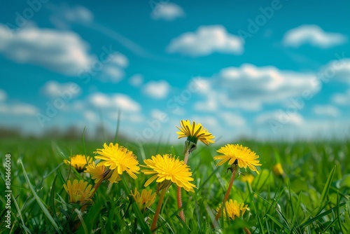A cluster of yellow dandelion flowers scattered across a vibrant green grassy field