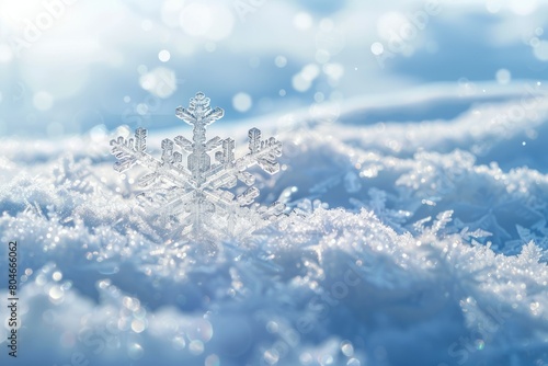 A closeup of a snowflake sitting on the snow, showcasing its intricate crystalline structure