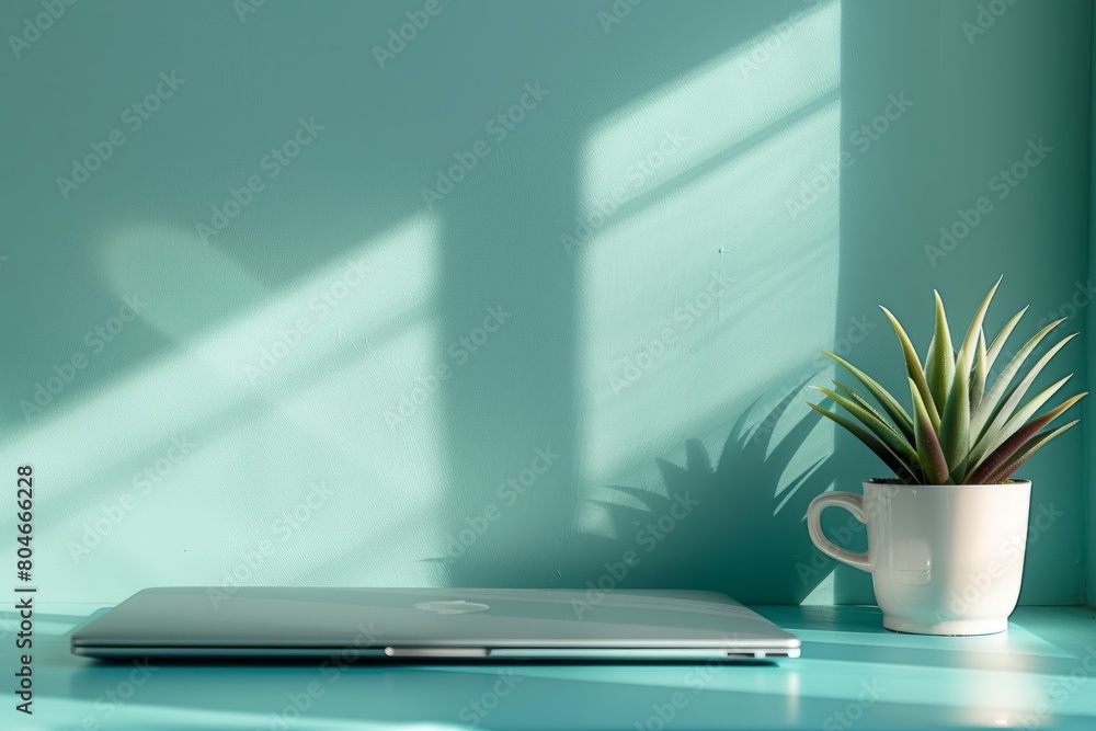 A laptop computer, coffee mug, and potted succulent on a turquoise table in a modern workspace A laptop computer, coffee mug, and potted succulent on a turquoise table in a modern workspace