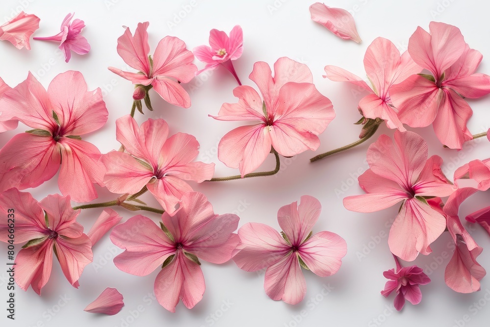 Closeup of a bunch of pink flowers and geranium petals arranged on a white backdrop, creating a floral isolated design Closeup of a bunch of pink flowers and geranium petals arranged on a white backdrop, creating a floral isolated design