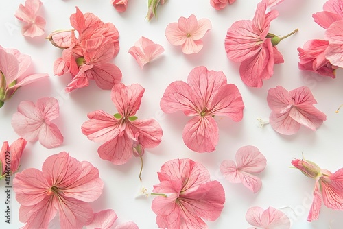 Collection of pink flowers and geranium petals arranged on a white surface, creating a floral design