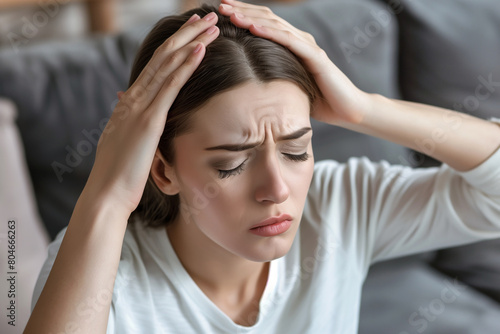 Upset woman holds her head with her hands, she feels pain or stress. Addressing chronic fatigue, headaches, stress, depression, and energy depletion.