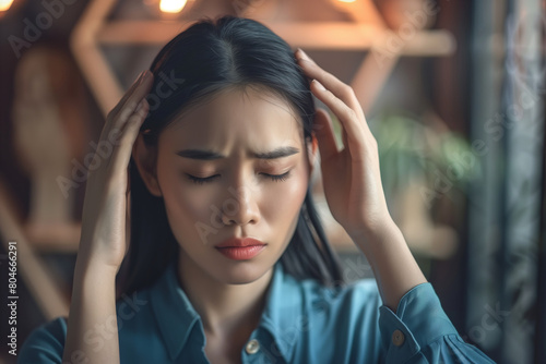 Upset asian woman holds her head with her hands, she feels pain or stress. Addressing chronic fatigue, headaches, stress, depression, and energy depletion.