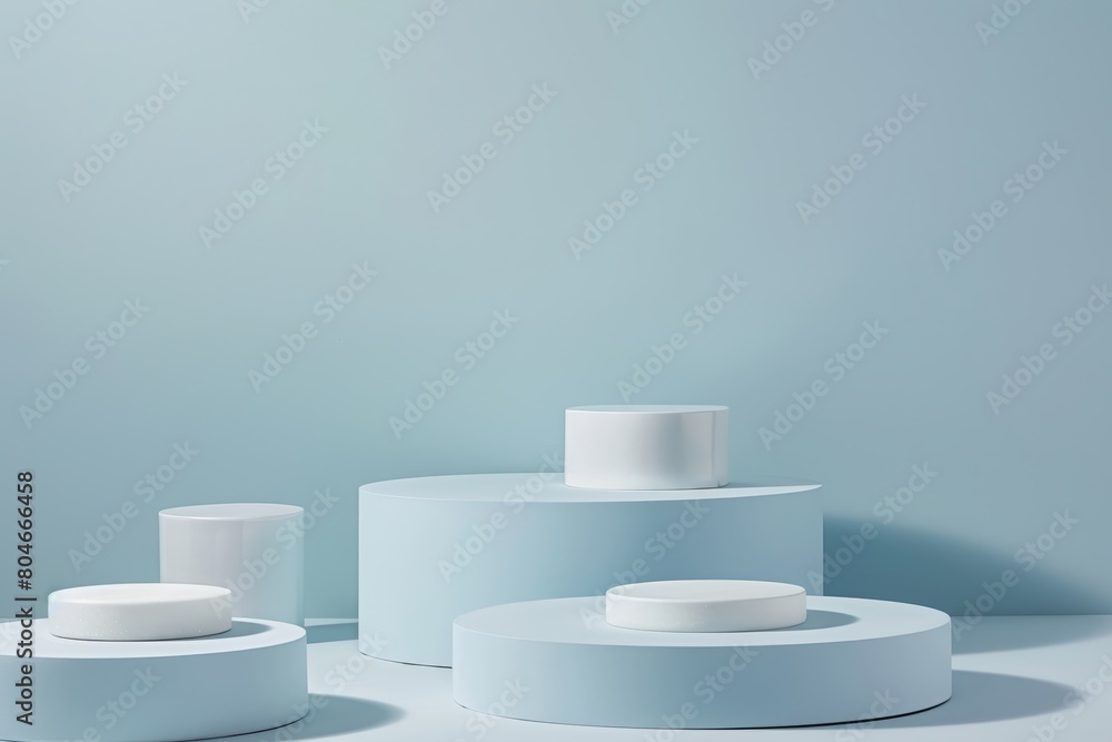 Multiple white objects arranged on a table against a light blue background Multiple white objects arranged on a table against a light blue background