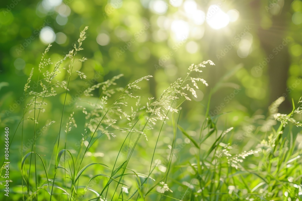 Field of wild grass with sun shining through trees, creating a warm and bright scene in nature Field of wild grass with sun shining through trees, creating a warm and bright scene in nature