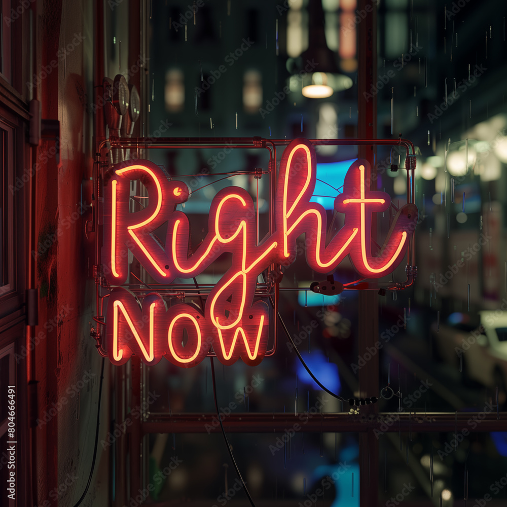 Right Now, bright electric neon sign made of coloured tubes on a glass wall Right Now, bright electric neon sign made of coloured tubes on a glass wall