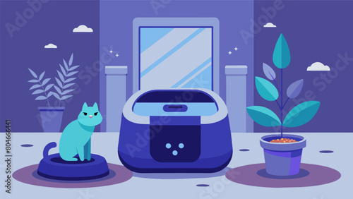 A smart litter box enclosure that automatically seals and deodorizes after each use keeping your home smelling fresh.. Vector illustration