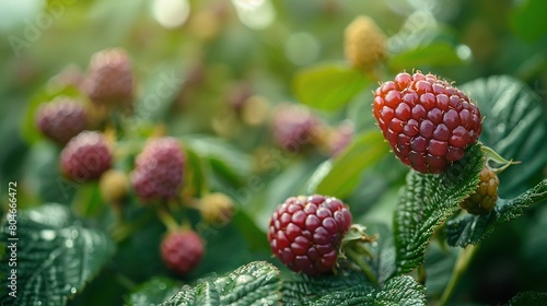   Raspberries growing on a bush with green leaves in the foreground and a blurry background