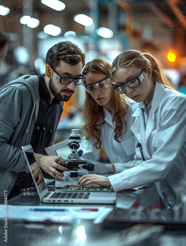 Diverse Young Group of Engineers Working in a Startup Company Lab Project Managers Discuss Manufacturing Using Laptop Computer While Female Specialist Checking on Electronic Circui