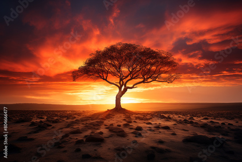 A lone tree standing tall against the fiery sky of the sunset, its branches reaching upwards in silhouette