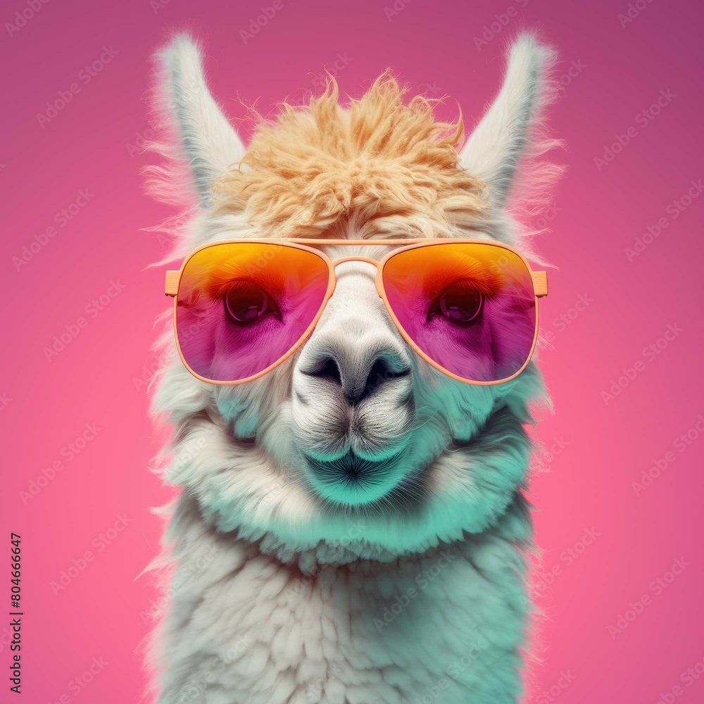 A white llama wearing sunglasses and a pink background