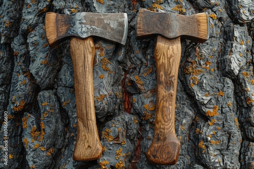 Two antique axes with weathered wooden handles crossed over textured tree bark with orange lichen