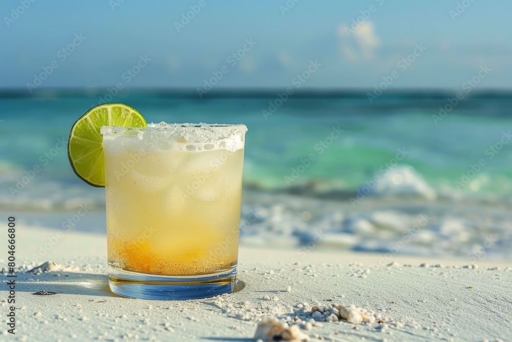 Refreshing Drink With Lime Slice on the Beach