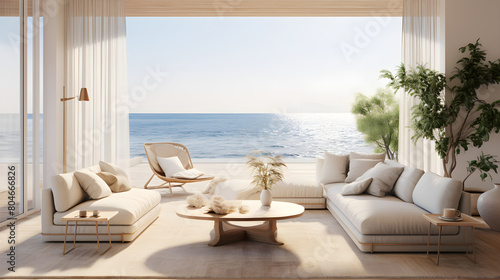 A luxurious modern beach house interior living room with ocean views, large windows, and abundant natural daylight. The minimal staged furniture adds to the luxurious yet relaxed Summer Spring Vibes © Newton