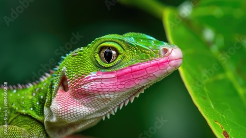 Green Anole Lizard Showing Off Bright Pink Dewlap in Closeup. Eye-catching Wildlife in Garden