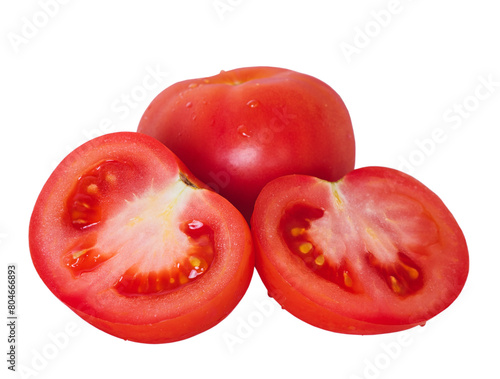Red tomato isolate. Sliced and whole ripe tomato. Vegetable. © Lesia