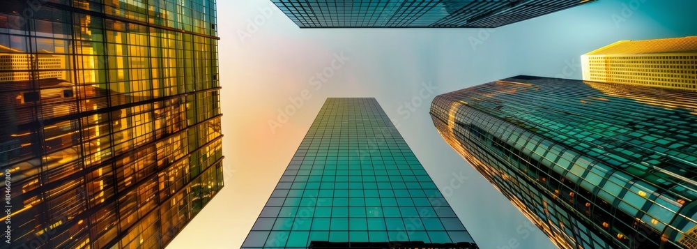 Close up of three modern glass skyscrapers in downtown Manhattan, with a soft green and gold color scheme Generative AI