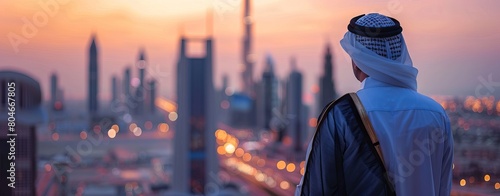 Arab man with kandura enjoying sunrise in Dubai proud of his country. AI generated illustration photo
