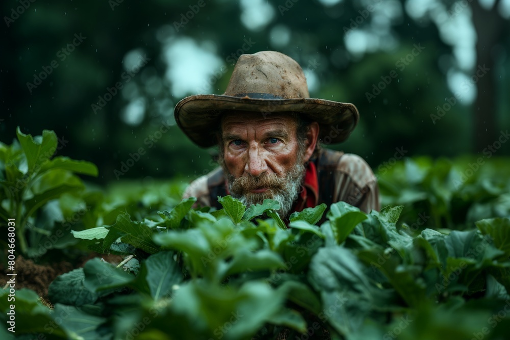 An elderly farmer with a weathered hat is closely inspecting his green crops in the rain An elderly farmer with a weathered hat is closely inspecting his green crops in the rain