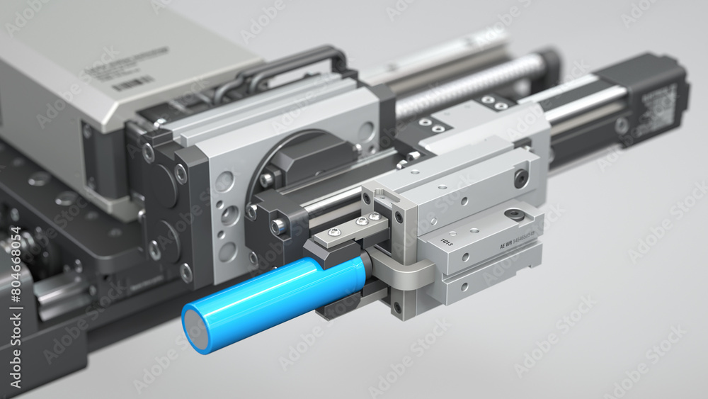 Robotic arm with parallel gripper holds the lithium battery. Automated production and assembly system. 3d render Robotic arm with parallel gripper holds the lithium battery. Automated production and assembly system. 3d render