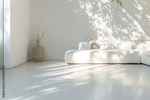 A white couch is placed under a tree in a bright and airy living room with minimal decor