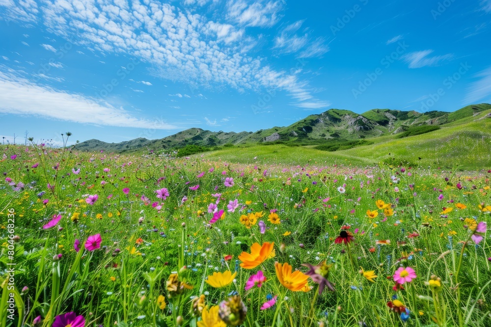 Expansive meadow filled with colorful wildflowers, set against a mountainous backdrop under bright sun Expansive meadow filled with colorful wildflowers, set against a mountainous backdrop under bright sun