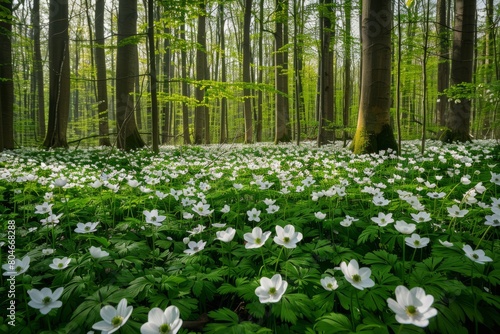 A wide angle view of a spring forest landscape filled with blooming white anemones and towering trees. The forest floor is covered in a carpet of white flowers