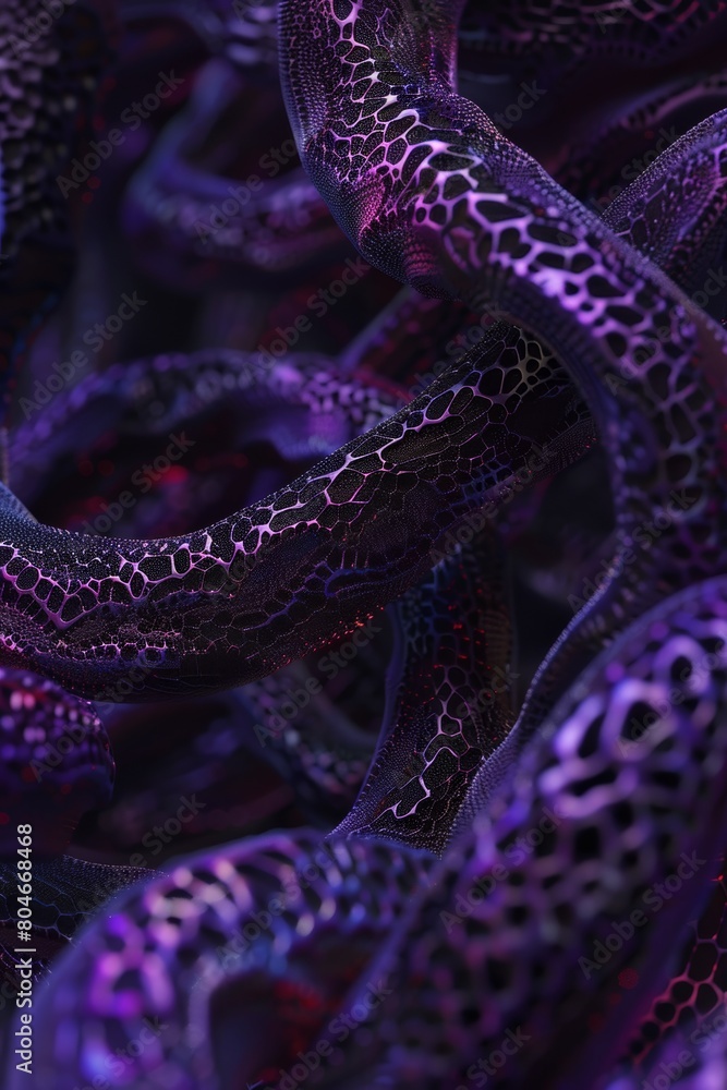 Obraz premium A closeup of the organic structure, showcasing its intricate patterns and textures in shades of purple with hints of black and red.