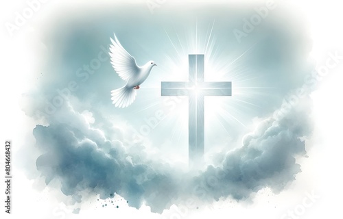 Illustration for whit monday with a white dove in flight at sky anda a glowing cross © Milano