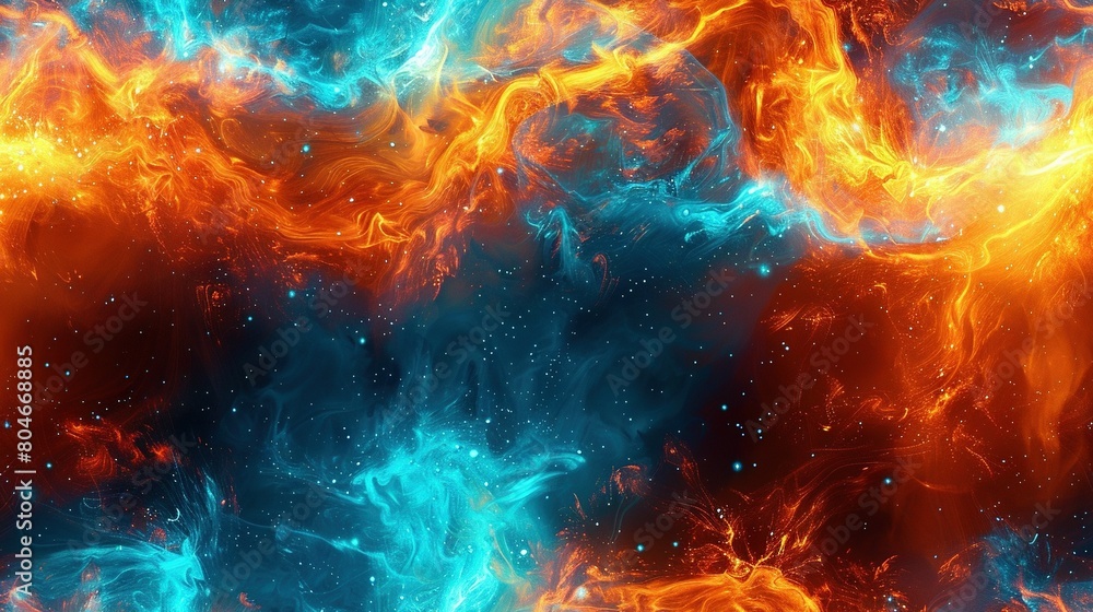 Fototapeta premium Blue and orange background with numerous orange and blue swirls on the left side of the image