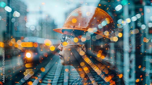 Double exposure of team railway engineer is on duty in work site with abstract bokeh backgrounds, use for banner cover9 photo