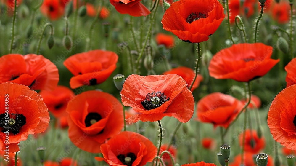 Obraz premium A garden brimming with red blossoms, featuring a bee perched atop the center of the flower and amidst its delicate petals